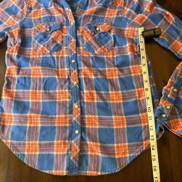 Hollister Kids Orange Blue Plaid Flannel Shirt Snap Button Long Sleeve M - Picture 9 of 10
